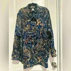 VTG Mainstreet Blues Paisley Jacobean Velvety Feel Thick Button Blouse Wm's L/XL
